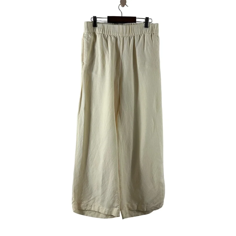 H&M Cream‎ Linen Blend Wide Leg Crop Pants Elastic Waist Womens Small